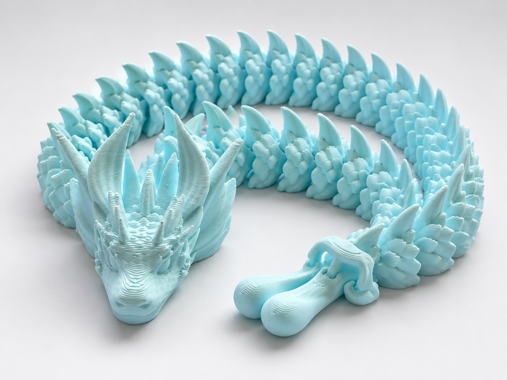 Giant Articulated Dragon in a coiled pose on a plain background
